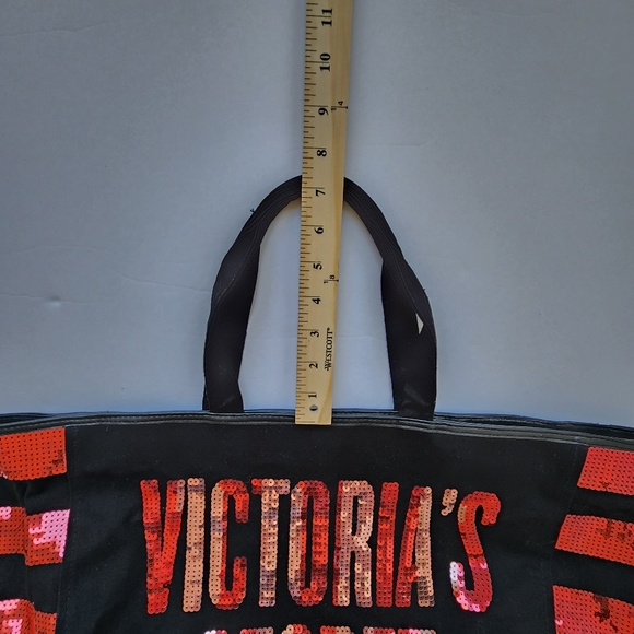 Victoria's Secret Logo Sequin Tote Bag Black Canvas Red Pink Large - Picture 13 of 14